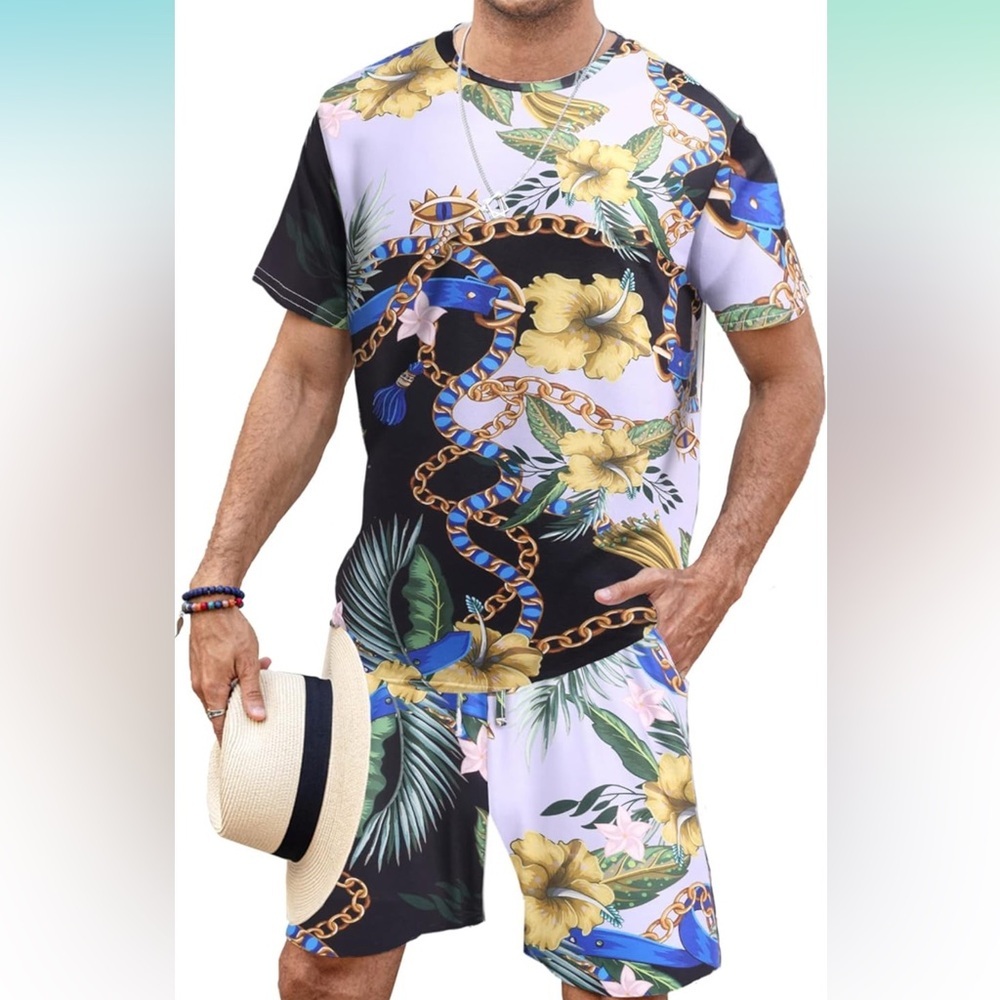 COOFANDY Men's 2 Piece Hawaiian T-Shirt Beach Floral Shorts Tracksuit‎ | NEW!!🌺 - Picture 3 of 7